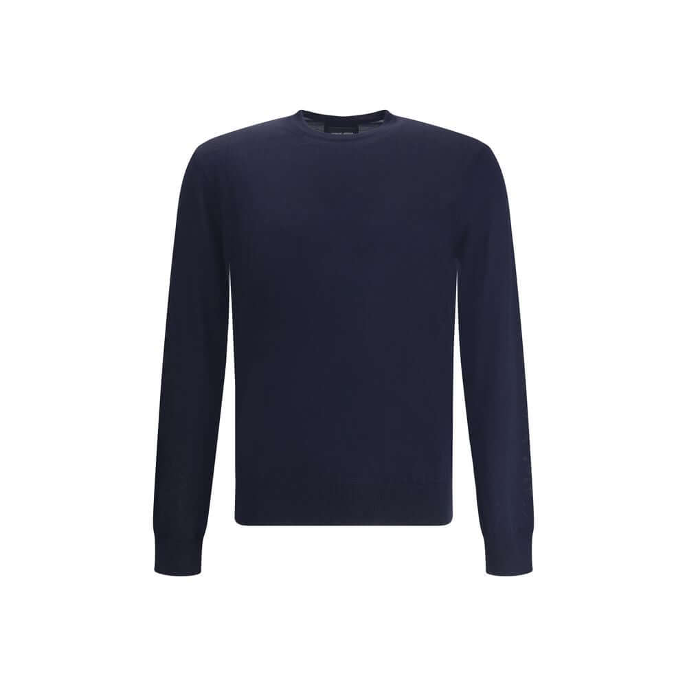 Giorgio Armani Blue Fleece Wool Sweatshirt with crew neck, ribbed cuffs, and hem. Slim fit long-sleeve sweater for a sophisticated look.
