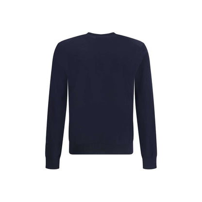 Back view of Giorgio Armani Blue Fleece Wool Sweatshirt, showcasing ribbed cuffs and slim fit design for elegance.