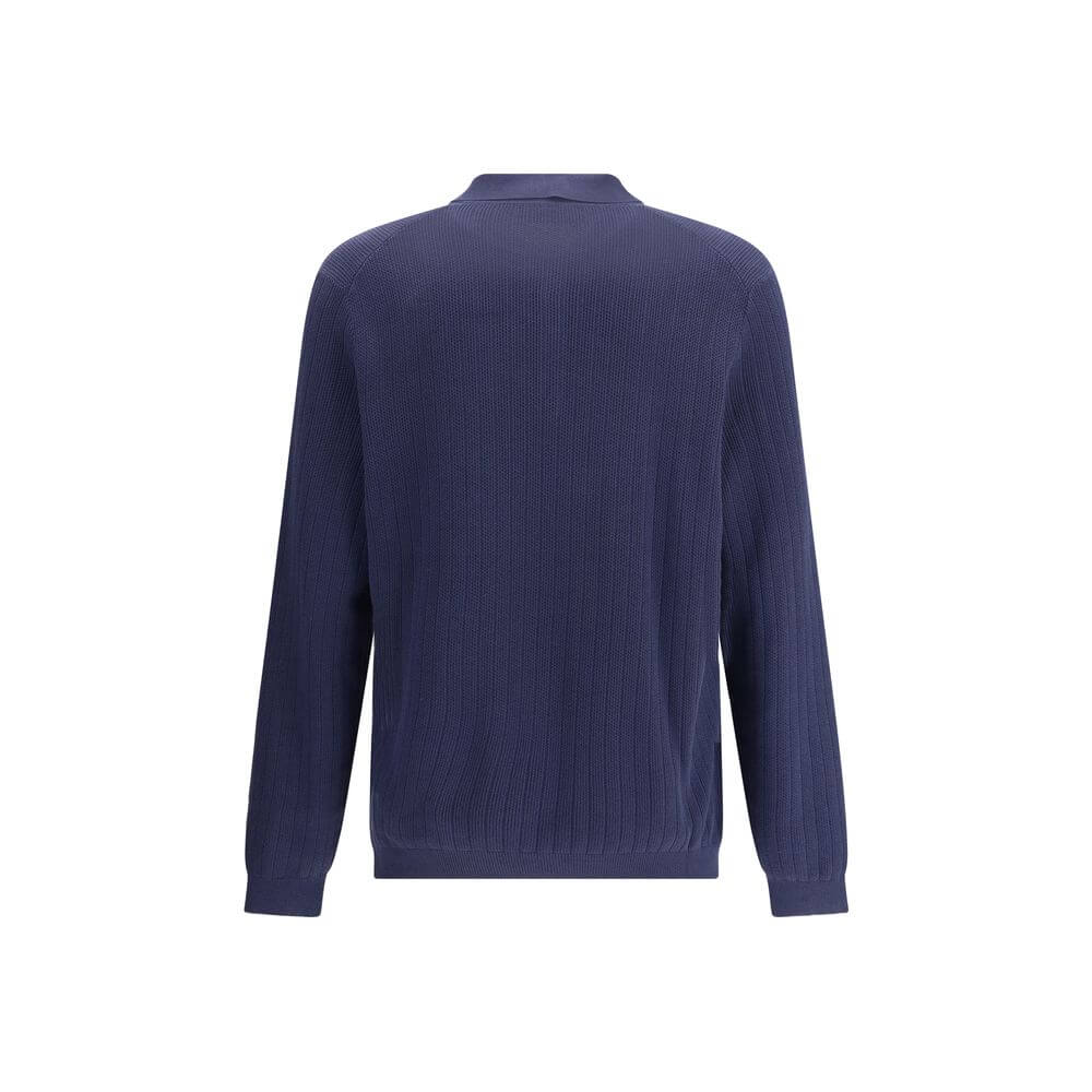 Brunello Cucinelli Blue Cotton Sweatshirt with ribbed texture, classic collar, and three-button closure, 100% cotton, made in Italy.