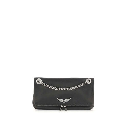Zadig & Voltaire Black Leather Shoulder Bag with chain strap, flap with magnetic closure, featuring a rock-chic design and logo on front.