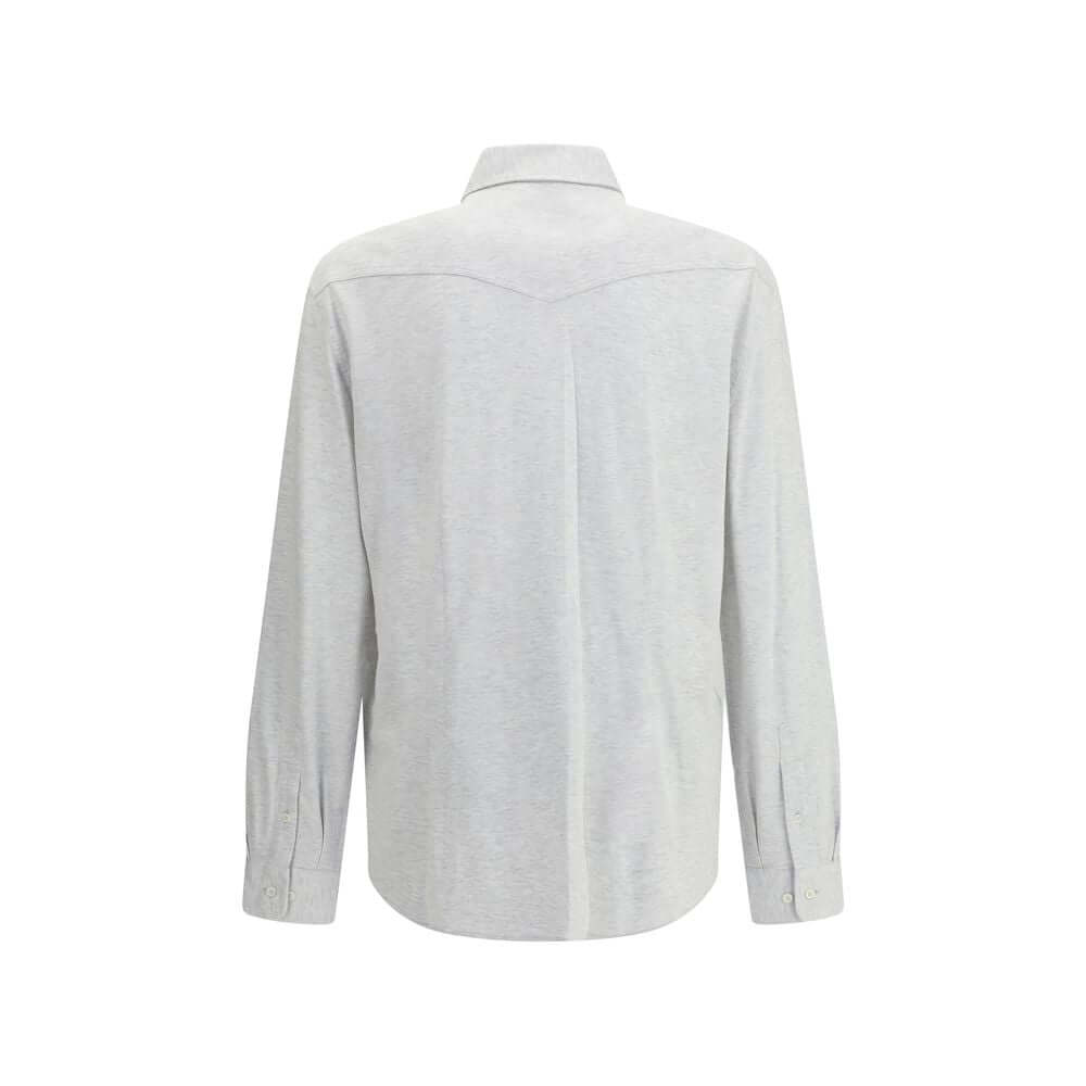 Back view of Brunello Cucinelli Gray Cotton Shirt with classic collar and snap button cuffs, showcasing elegant grey melange style.