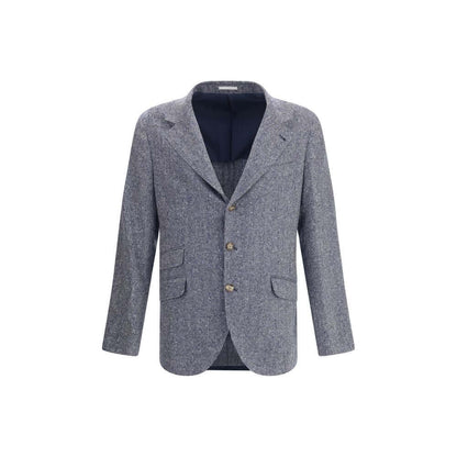 Brunello Cucinelli Blue Wool Blazer with herringbone pattern, classic lapels, button closure, and pockets. Made in Italy.