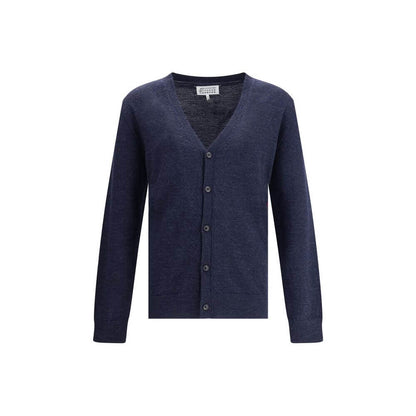 Margiela Blue Wool Cardigan with button closure, V-neck, ribbed trim, and elbow patches, AW25 collection.