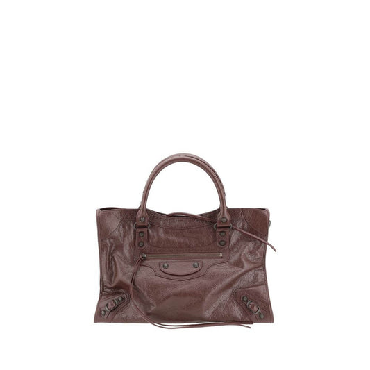 Balenciaga Brown Calf Leather Bos Taurus Shoulder Bag with hand-woven leather handles, adjustable strap, and zippered closure.