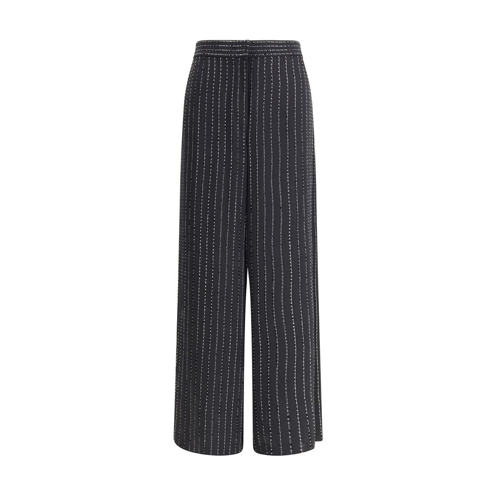 Giorgio Armani Black Silk Casual Pants with wide-leg, embroidered pinstripes, and refined details for an elegant and glamorous look.