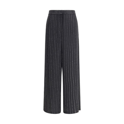 Giorgio Armani Black Silk Casual Pants with wide-leg, embroidered pinstripes, and refined details for an elegant and glamorous look.