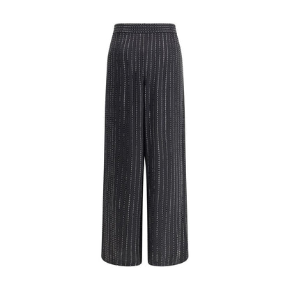Giorgio Armani Black Silk Casual Pants with embroidery, wide-leg design, and smooth waistband for elegant, sophisticated style.