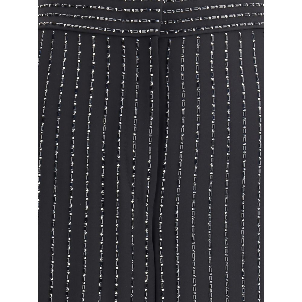Giorgio Armani Black Silk Casual Pants with elegant pinstripe embroidery and sequins for a sophisticated look.