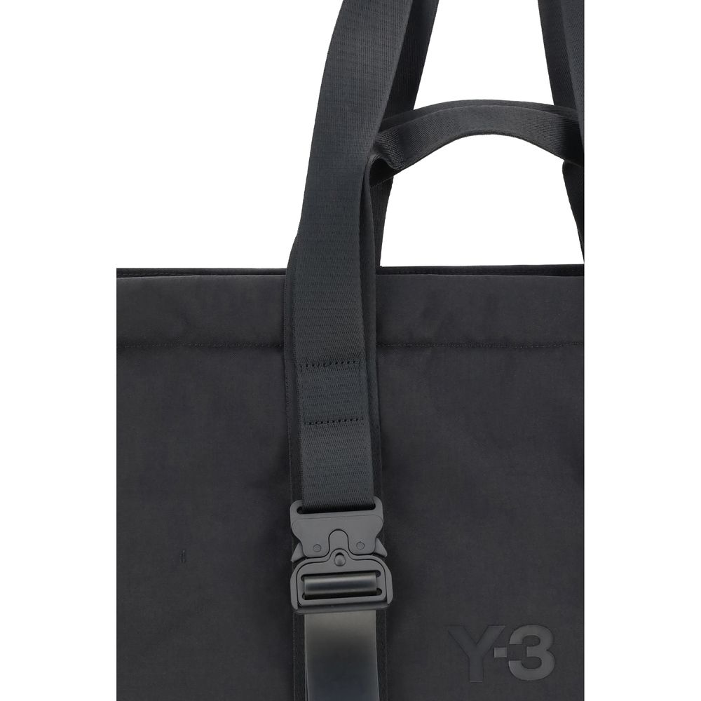 Y-3 Black Nylon Shoulder Bag with top handles and tone-on-tone logo, featuring a buckle detail for added style and security.