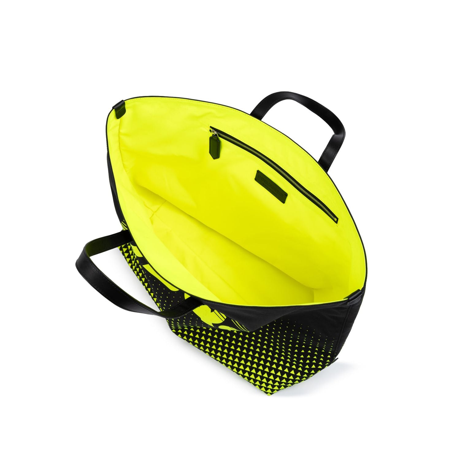 Front view with bag zipped and handles upright.