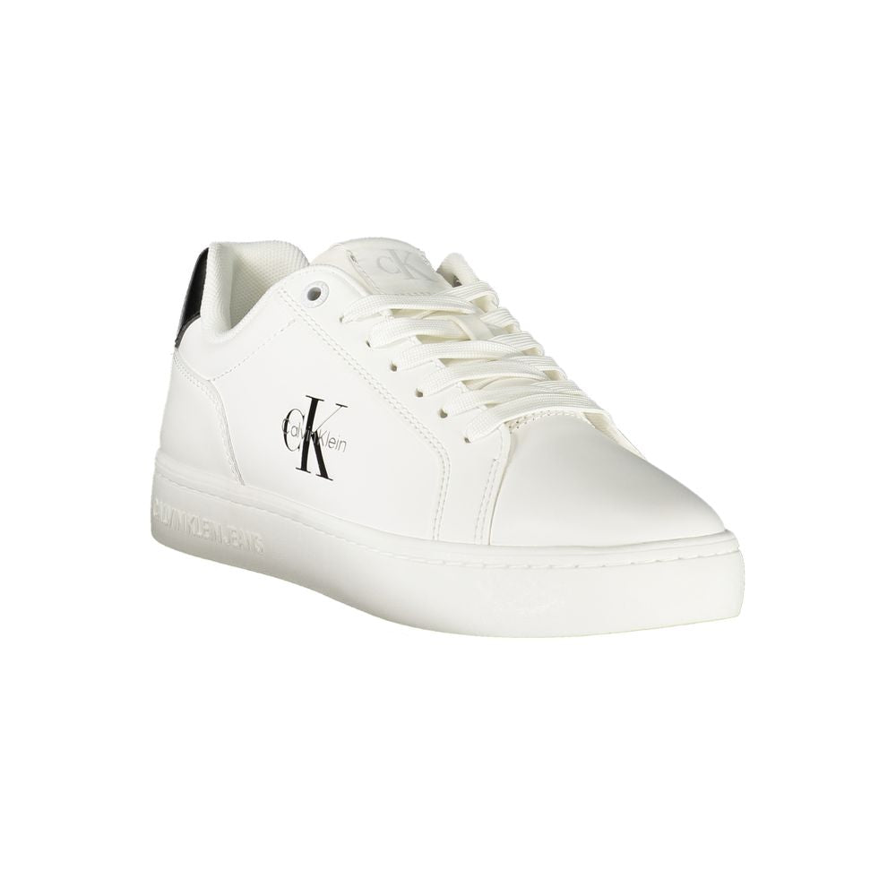 Calvin Klein White Leather Women Sneaker with bold black details and removable footbed, featuring iconic logo for luxury and style.