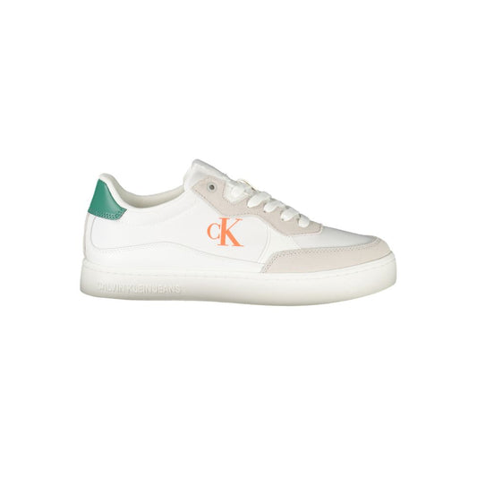 Calvin Klein White Leather Men Sneaker with iconic logo and bold lace-up style, featuring a removable footbed and contrasting details.