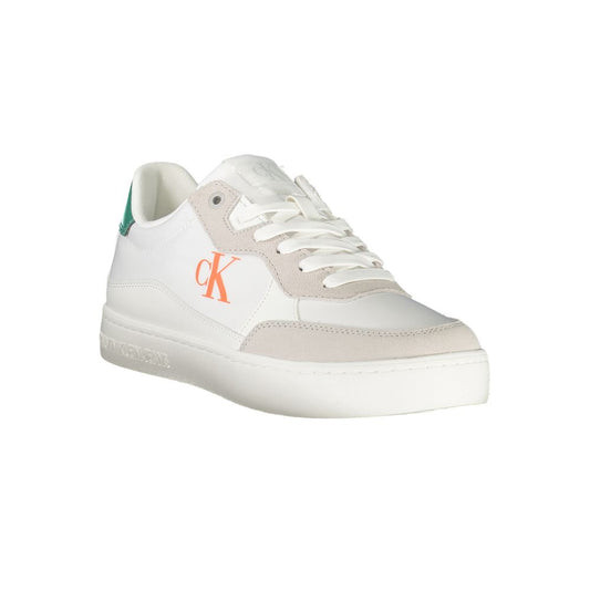 Calvin Klein White Leather Men Sneaker with bold lace-up design and iconic logo, featuring comfort and avant-garde style.
