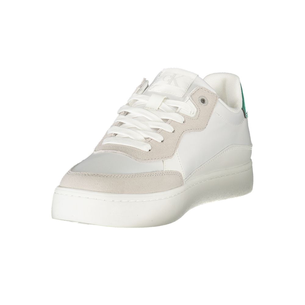 Calvin Klein White Leather Men Sneaker with lace-up design, removable footbed for comfort, and signature logo detail for trendsetters.