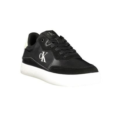 Calvin Klein Black Leather Men Sneaker with logo print, featuring removable footbed and contrasting details.