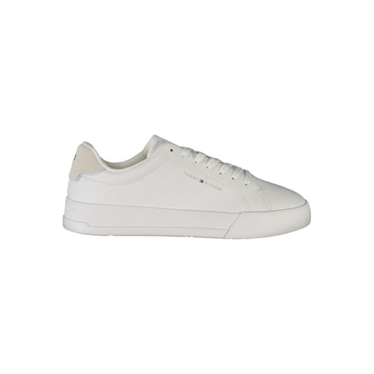 Tommy Hilfiger White Leather Men Sneaker with grey accents and logo, showcasing casual sophistication and style.