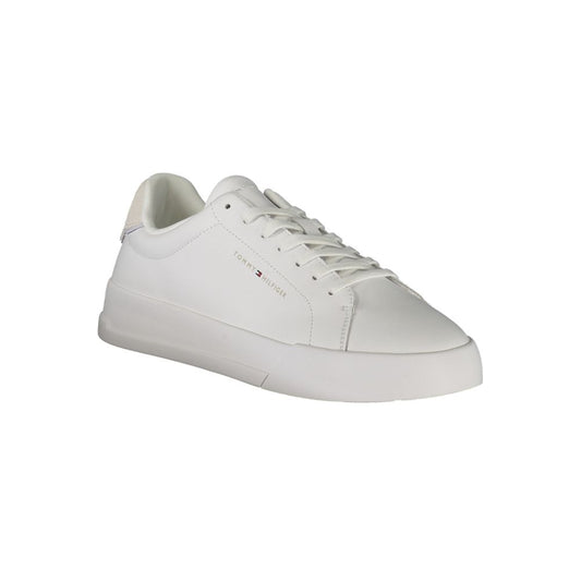 Tommy Hilfiger White Leather Men Sneaker with grey accents and brand logo, showcasing casual sophistication and timeless appeal.