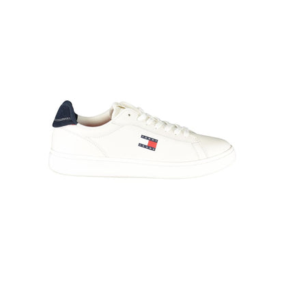 Tommy Hilfiger White Leather Men Sneaker with blue accents and logo, side view