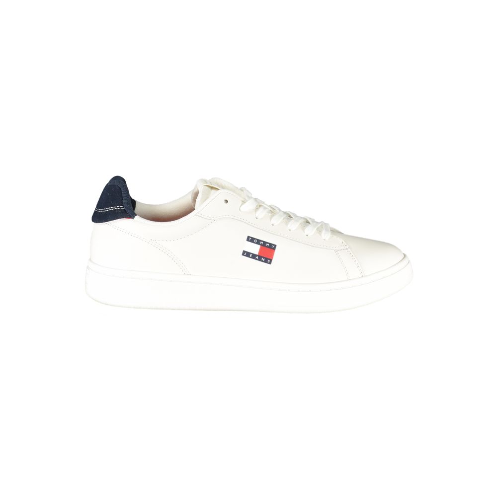 Tommy Hilfiger White Leather Men Sneaker with blue accents and iconic logo on the side, perfect for stylish casual wear.