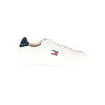 Tommy Hilfiger White Leather Men Sneaker with blue accents and iconic logo on the side, perfect for stylish casual wear.