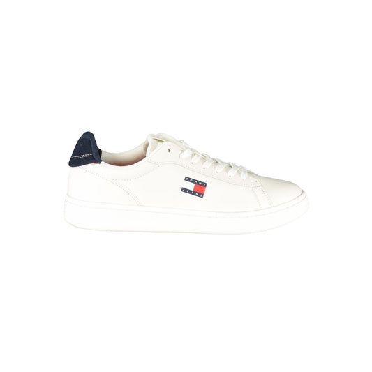 Tommy Hilfiger White Leather Men Sneaker with blue accents and iconic logo on the side, perfect for stylish casual wear.