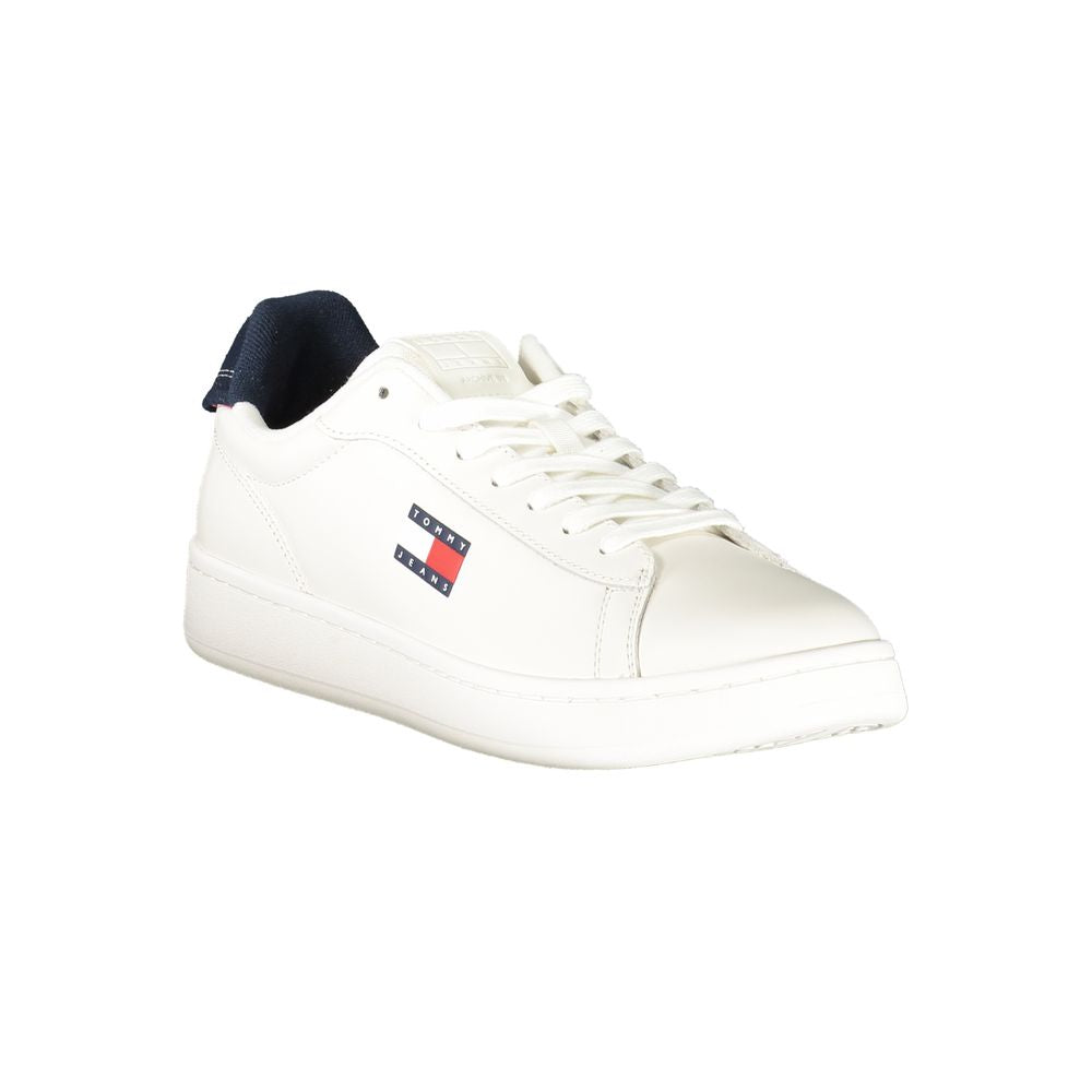 Tommy Hilfiger White Leather Men Sneaker with blue accents and logo, showcasing timeless style and comfort for fashion-forward individuals.
