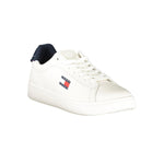Tommy Hilfiger White Leather Men Sneaker with blue accents and logo, showcasing timeless style and comfort for fashion-forward individuals.