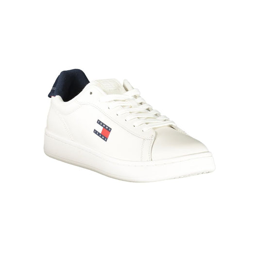Tommy Hilfiger White Leather Men Sneaker with blue accents and logo, showcasing timeless style and comfort for fashion-forward individuals.