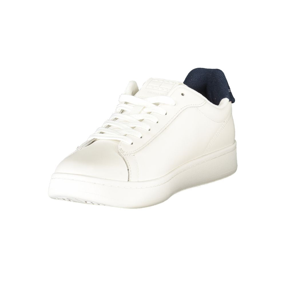 Tommy Hilfiger White Leather Men Sneaker with blue accents, showcasing modern style, removable footbed, and iconic logo.
