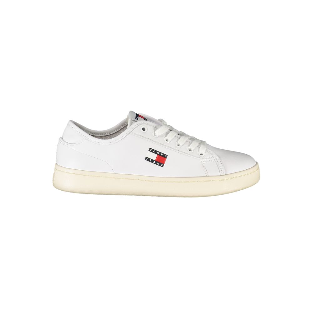 Tommy Hilfiger White Leather Women Sneaker with logo and contrasting details, designed for comfort and style.