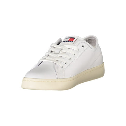 Tommy Hilfiger White Leather Women Sneaker with bold design and iconic logo, crafted for comfort and style.