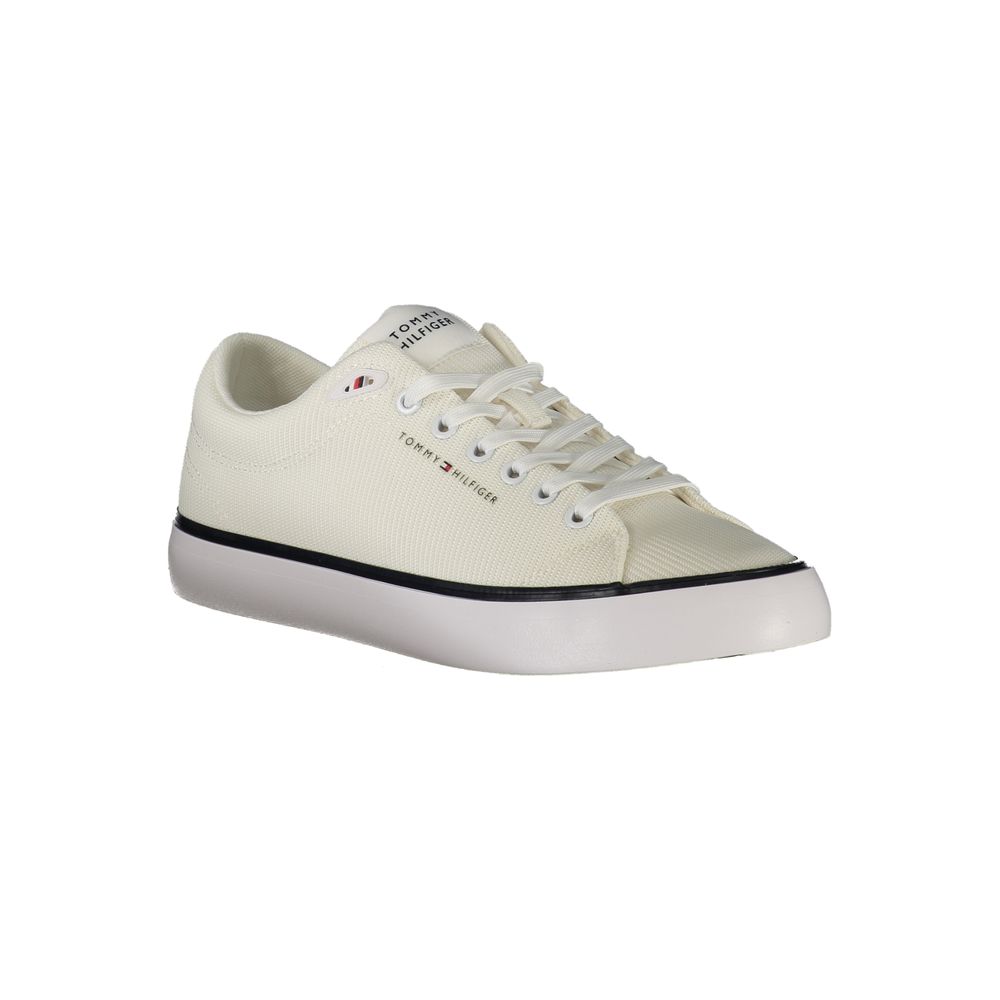 Tommy Hilfiger White Polyester Men Sneaker with bold accents and signature logo, offering style and comfort for the modern trend-setter.