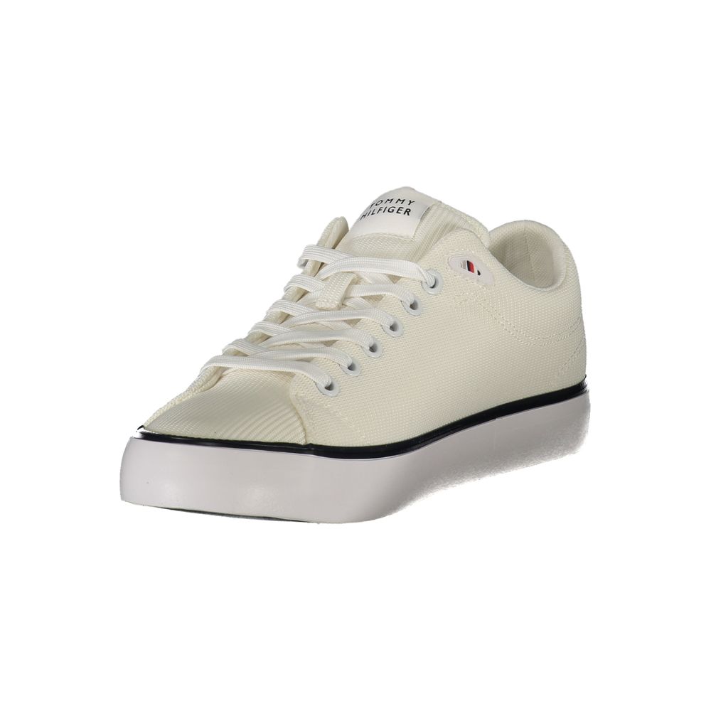 Tommy Hilfiger White Polyester Men Sneaker with signature logo and cushioned footbed, showcasing sleek design and bold contrasting accents.