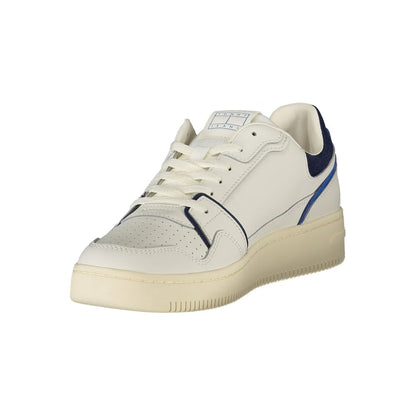 Tommy Hilfiger White Leather Men Sneaker with blue accents and iconic logo, sporty and chic design, perfect for casual wear.
