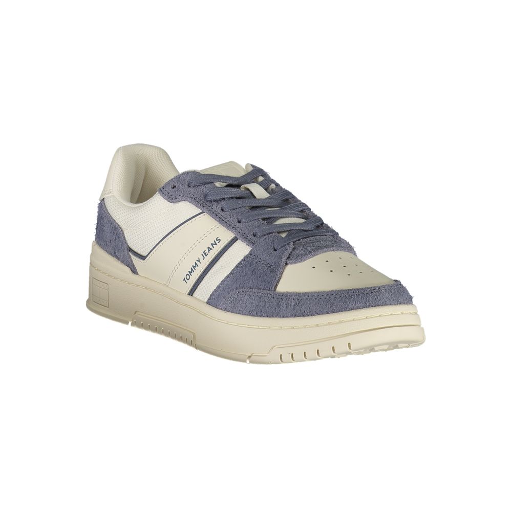 Tommy Hilfiger White Leather Men Sneaker with blue accents, removable footbed, and logo detail.