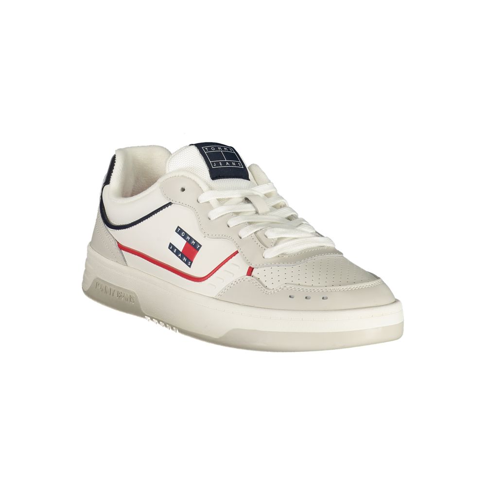 Tommy Hilfiger White Leather Men Sneaker with red and blue accents, stylish design, and removable footbed for comfort.
