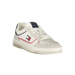 Tommy Hilfiger White Leather Men Sneaker with red and blue accents, stylish design, and removable footbed for comfort.