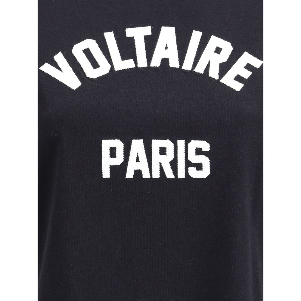 Zadig & Voltaire Black Cotton T-Shirt with white Voltaire Paris logo on the front, featuring ribbed crew neck for comfort.