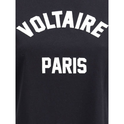 Zadig & Voltaire Black Cotton T-Shirt with white Voltaire Paris logo on the front, featuring ribbed crew neck for comfort.