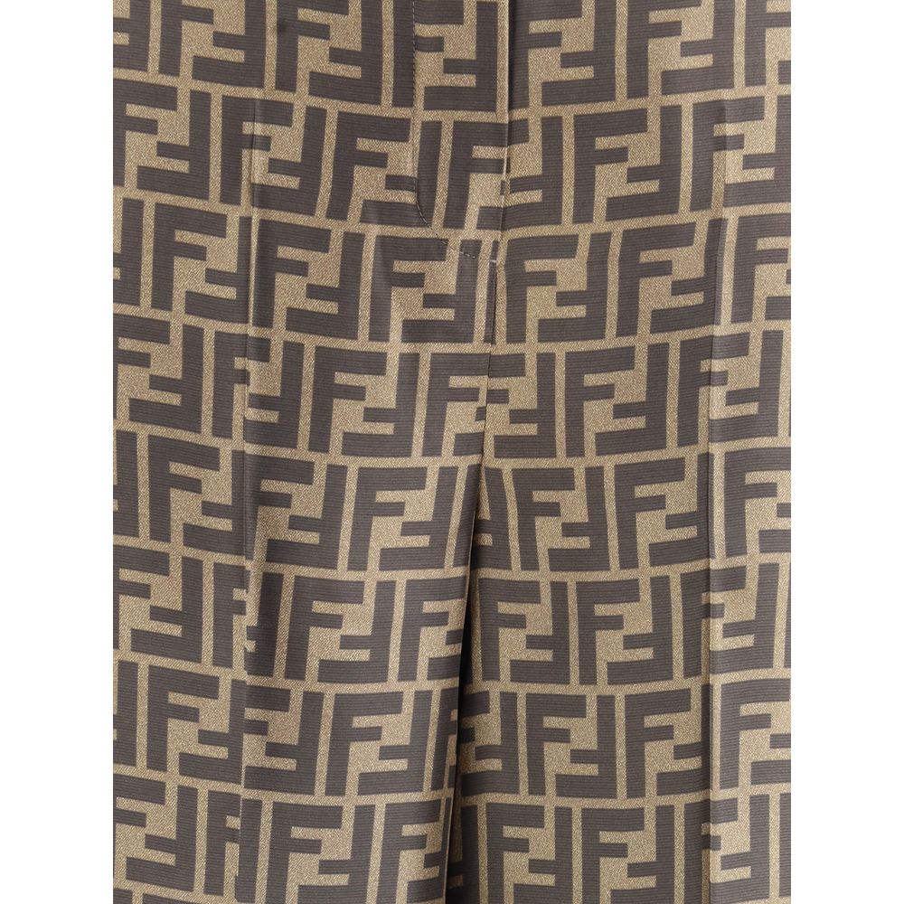 Fendi Brown Silk Casual Pants featuring FF monogram pattern, high waist, palazzo cut, elegant silk fabric showcasing distinctive design.