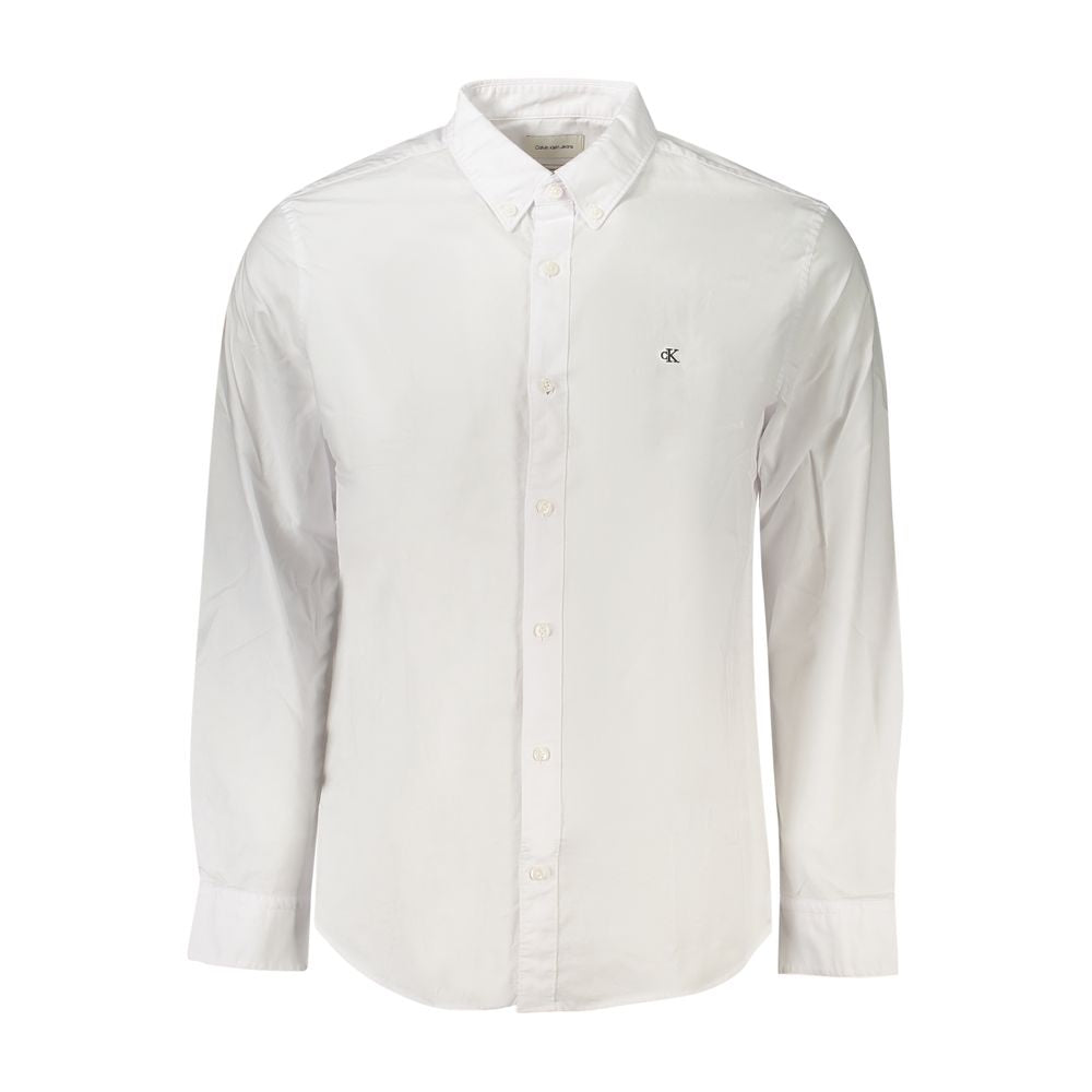 Calvin Klein White Cotton Men Shirt, long-sleeved classic fit with button-down collar, logo embroidery, stylish and comfortable