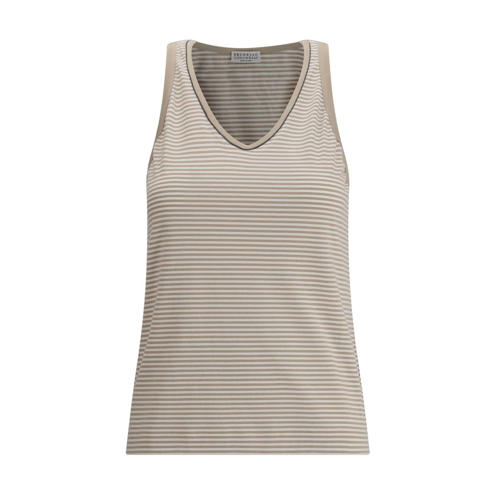 Brunello Cucinelli Beige Cotton Top with wide neckline and subtle stripes, elegant design for AW25 season.