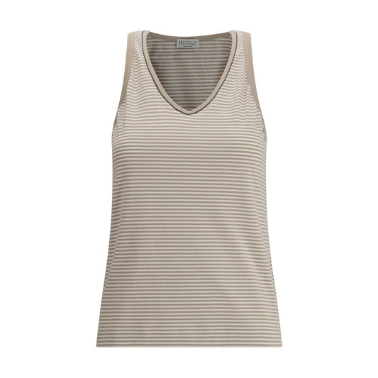 Brunello Cucinelli Beige Cotton Top with stripes and wide neckline, elegant and lightweight design for modern women, AW25 collection.