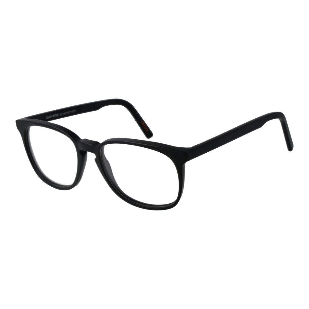 Andy Wolf Black Unisex Glasses Frame, full-rim acetate, demo lenses, size 52-17-145, panto style with branded case.