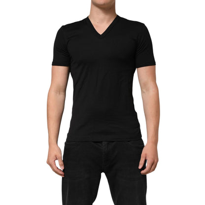 Dolce & Gabbana Black Cotton Plain V-Neck Men Shirt T-shirt