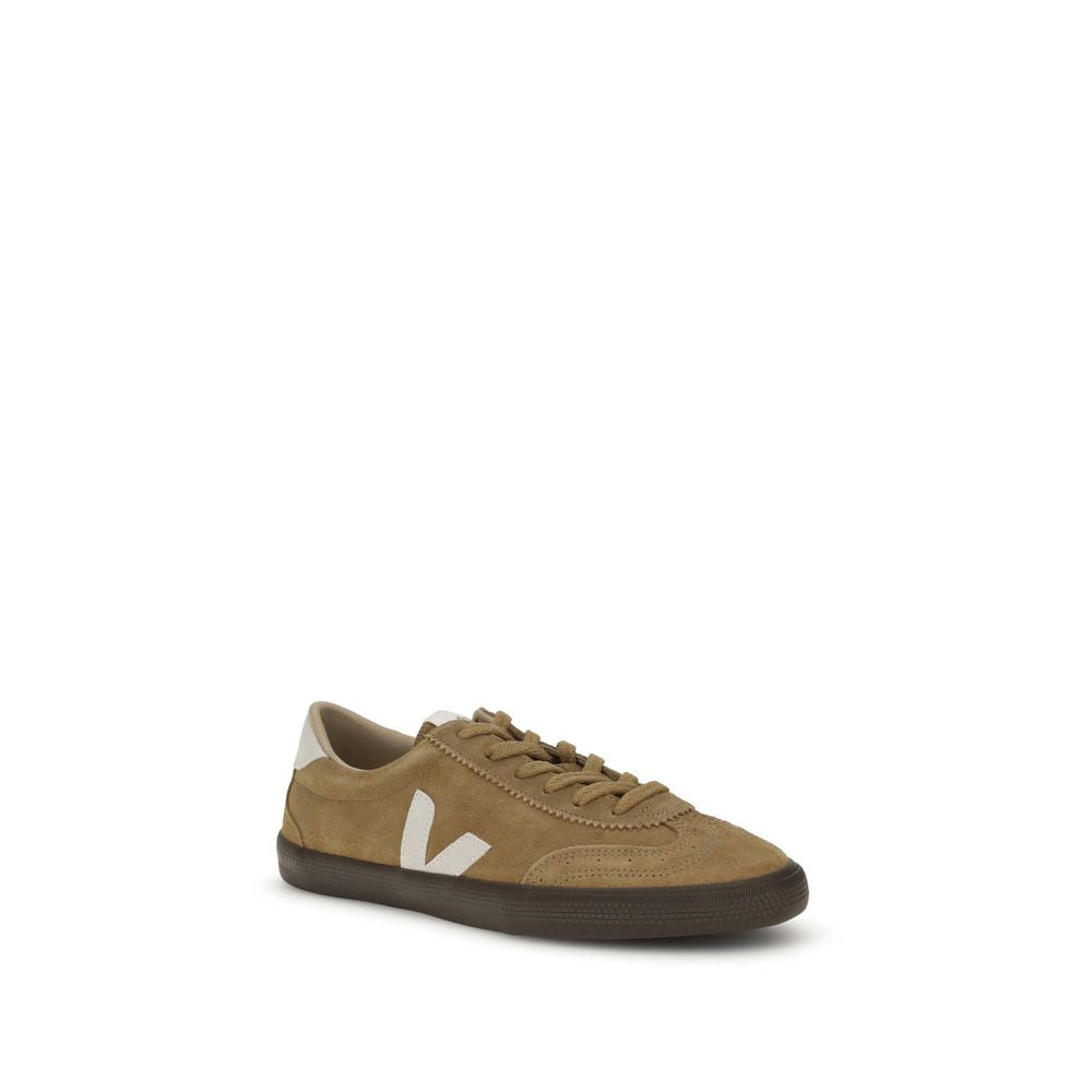 Veja Brown Leather Sneakers inspired by 1970s volleyball shoes, featuring rounded toe, lace-up closure, and side-stitched 'V' logo.