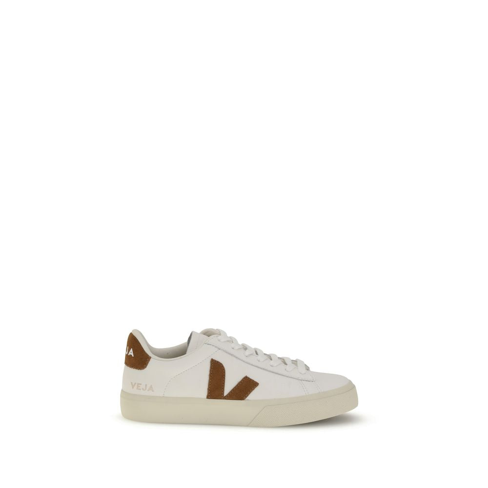 Veja White Leather Low Top Sneakers with brown accents, organic materials, rounded toe, and flat sole. Sustainable fashion footwear AW25.