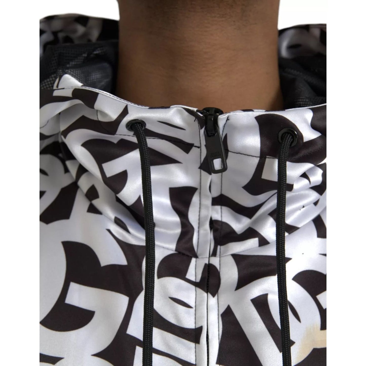 Dolce & Gabbana White Black Logo Hooded Full Zip Bomber Jacket