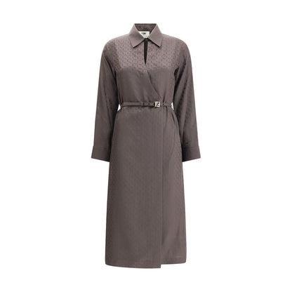 Fendi Brown Silk Casual Dress with jacquard FF pattern, shirt collar, and asymmetrical crisscross closure.