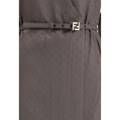 Close-up of Fendi Brown Silk Casual Dress showcasing FF pattern and elegant belt detail.
